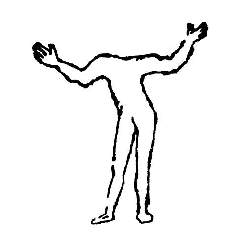 The image depicts a simple, black-and-white illustration of a human figure with arms outstretched. The figure is drawn in a minimalist style, with bold lines and no facial features or other details. The background is plain white, providing a clean contrast to the black outline of the figure. Alt text: "Simple black outline of a person with arms raised on a white background."