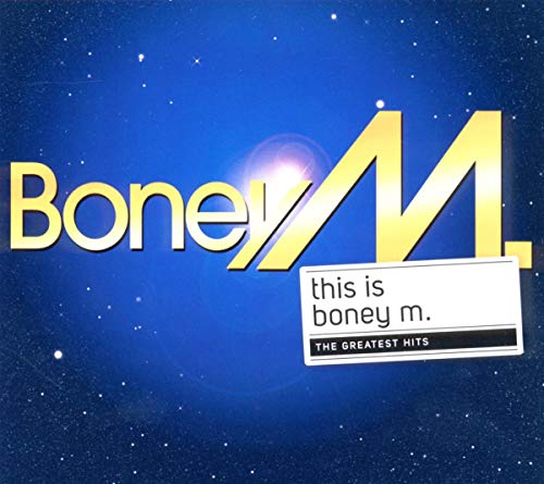 Boney M. album cover with yellow logo and starry blue background.