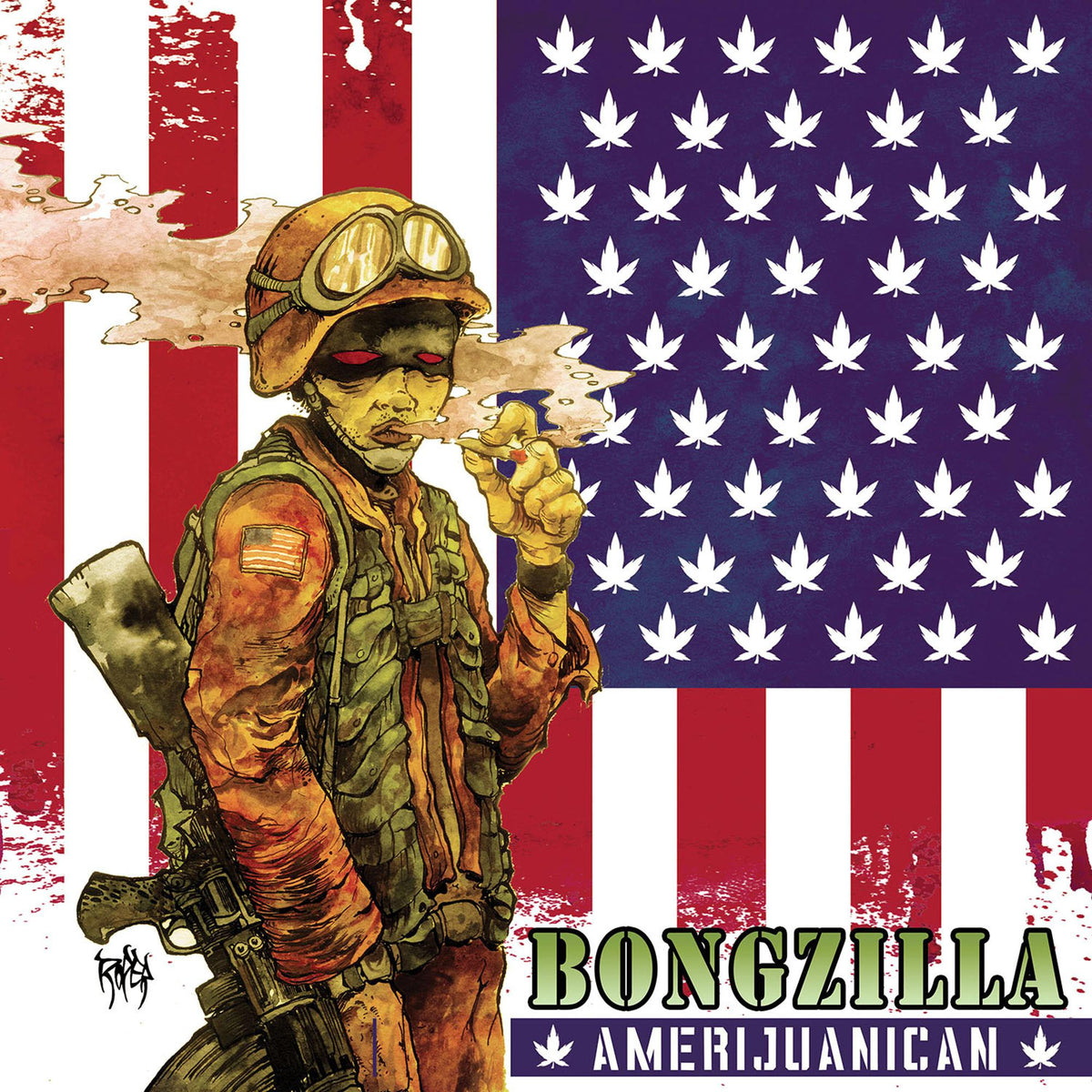 Illustration of a soldier smoking, with a flag of cannabis leaves and stripes.
