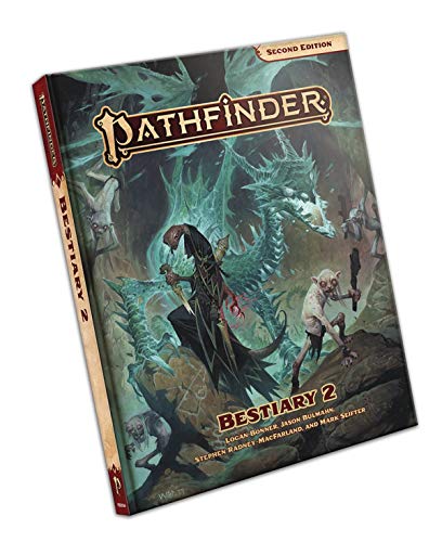 Pathfinder Bestiary 2 book cover featuring a wizard and a dragon.