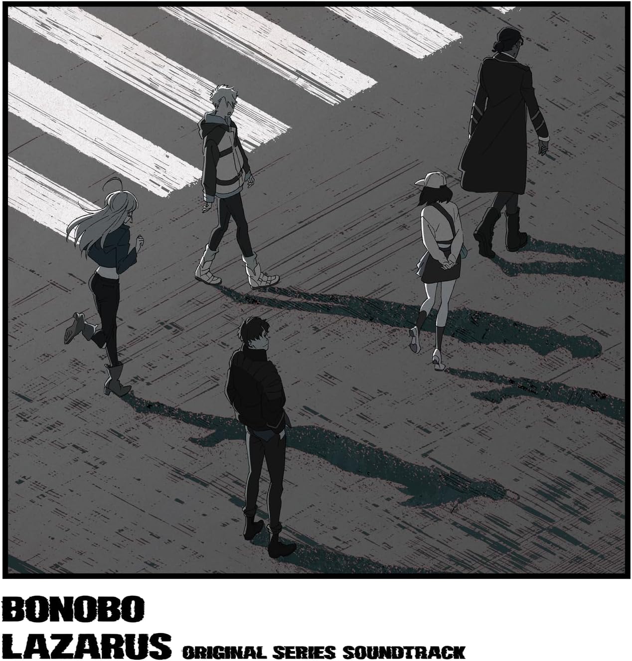 Black and white illustration of figures walking on a crosswalk.
