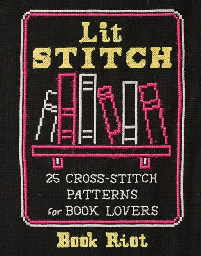 Cross-stitch book cover with pink bookshelves and text: "Lit Stitch".