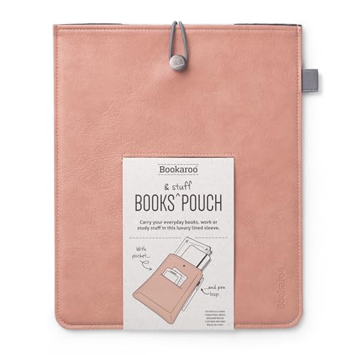 Blush pink rectangular pouch with "Bookaroo Books & Stuff" label.