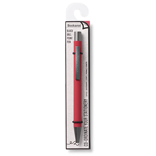 Dark red Bookaroo ballpoint pen in packaging, silver clip detail.