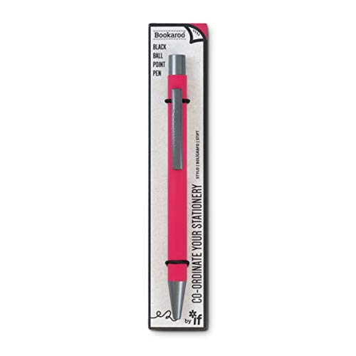 A pink Bookaroo ballpoint pen with a silver clip in its retail packaging.