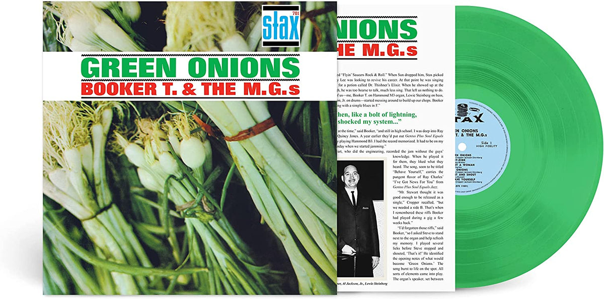 "Green vinyl record with album cover featuring green onions and text."