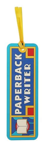 Blue and yellow Beatles "Paperback Writer" themed bookmark with book illustration.