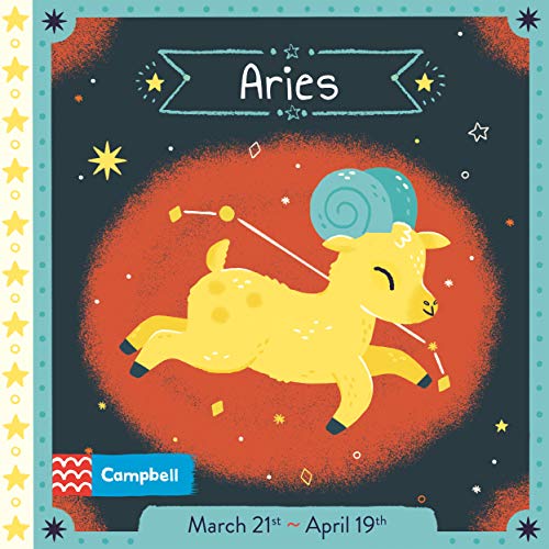Illustration of a golden ram constellation with text "Aries" and dates.