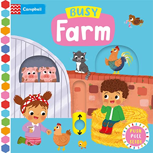Colorful children’s book cover depicting a busy farm scene with animals.
