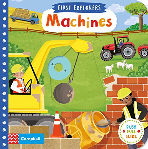 Illustrated book cover showing construction machines, workers, and a tractor on a farm.