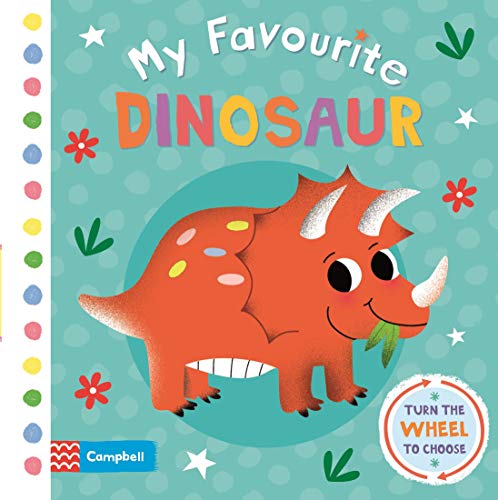 Red triceratops dinosaur on a blue and polka-dotted children’s book cover.