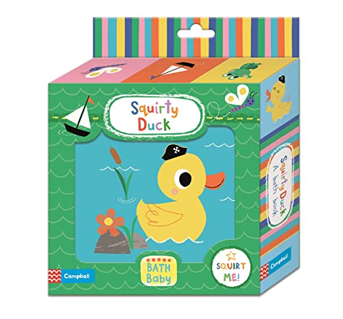 Product box for Squirty Duck bath book featuring a yellow duck wearing a hat.