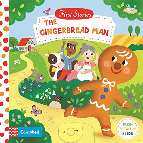 The Gingerbread Man runs along a path past a cow, farmer, and woman.