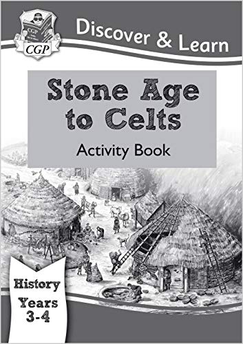 CGP history activity book cover featuring a historical illustration of a Stone Age village.