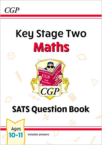 KS2 Maths SATs question book cover with illustrated book and geometric shapes.