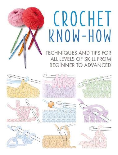 Crochet book cover with yarn, hooks, and various stitch examples.