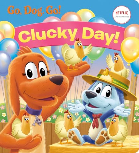 Dogs and chickens with balloons on a colorful book cover.