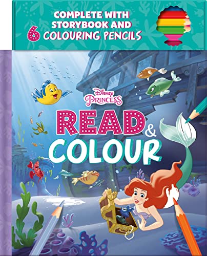 Disney’s Ariel read and colour book with pencils and undersea scene.