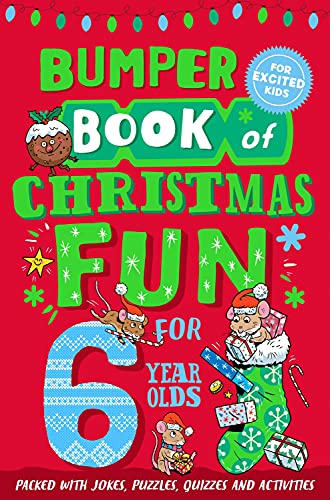 Red book cover with cartoon mice and Christmas decorations, for 6 year olds.