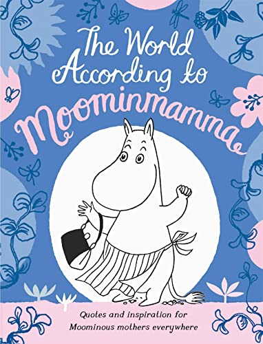 Book cover featuring Moominmamma on a blue background with floral illustrations and text.