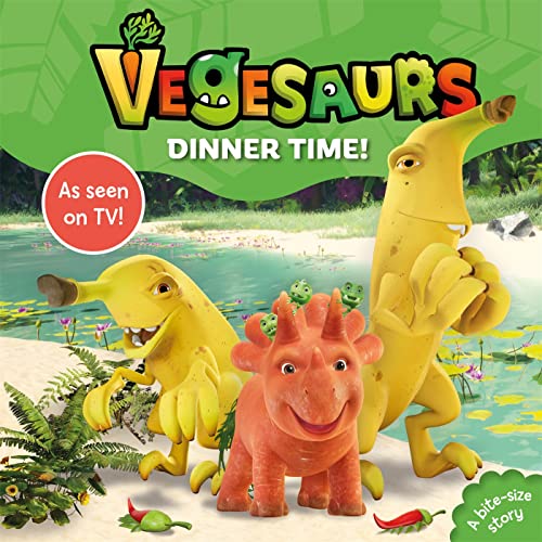 Book cover featuring cartoon dinosaur-vegetable hybrids at a picnic.