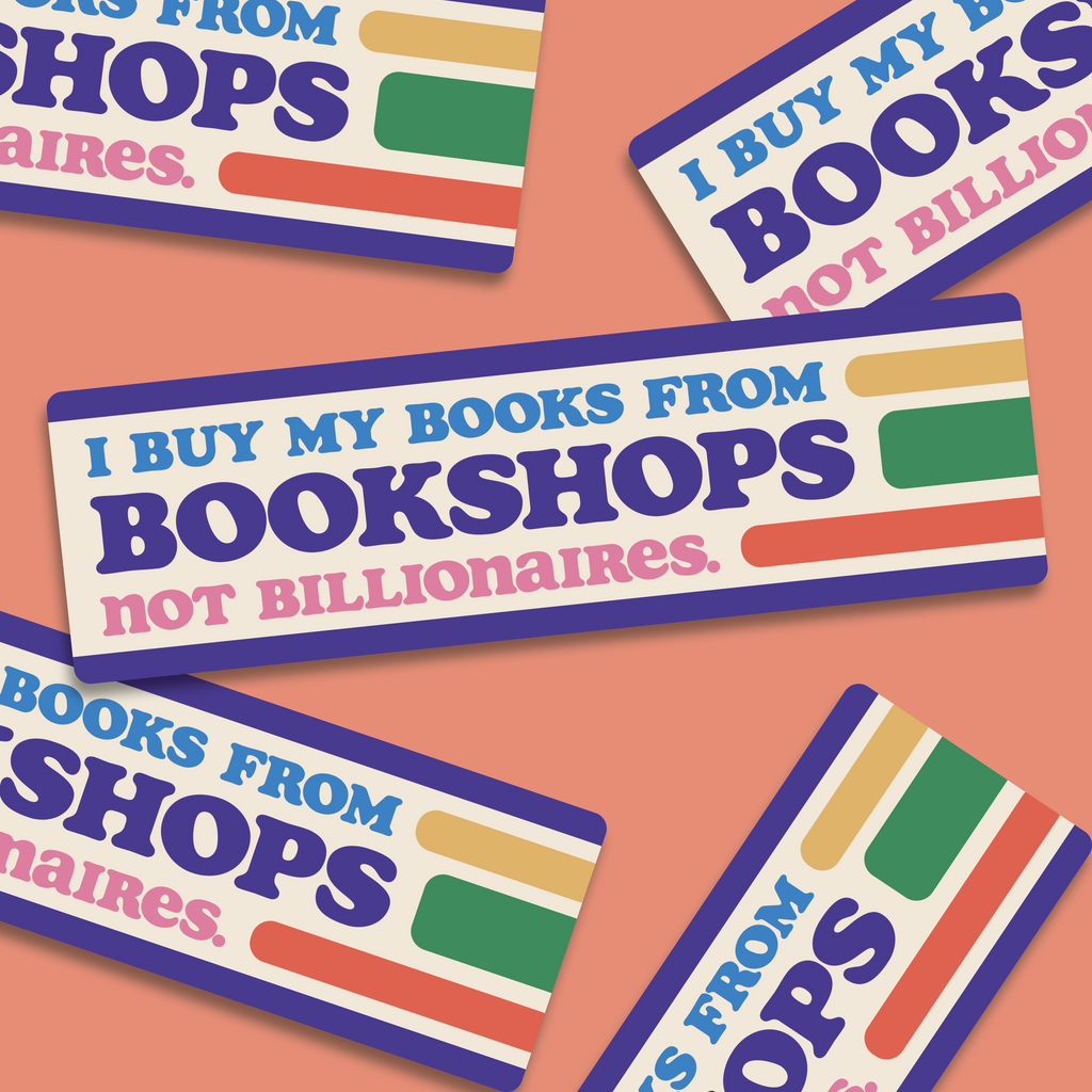 Ten bumper stickers with text reading Bookshops Not Billionaires in various colors and fonts.