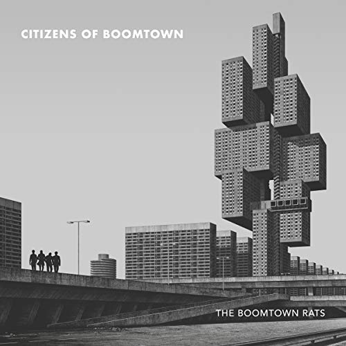 Black and white album cover featuring brutalist architecture and four figures.
