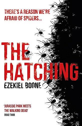Book cover: "The Hatching" with red title and spider imagery.
