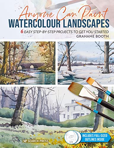 Book cover with watercolour landscape paintings and painting tools.