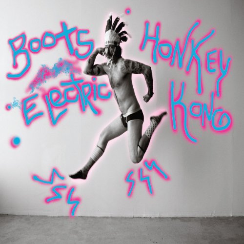 CD cover: Black and white photo of a person in a headdress with neon text.