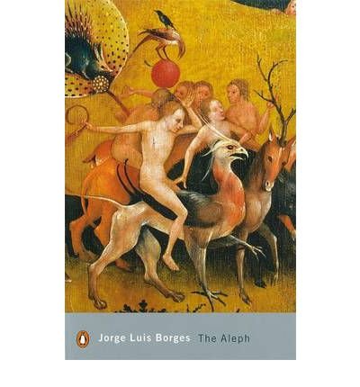 Book cover of "The Aleph" by Jorge Luis Borges, featuring a spinning top and open book.