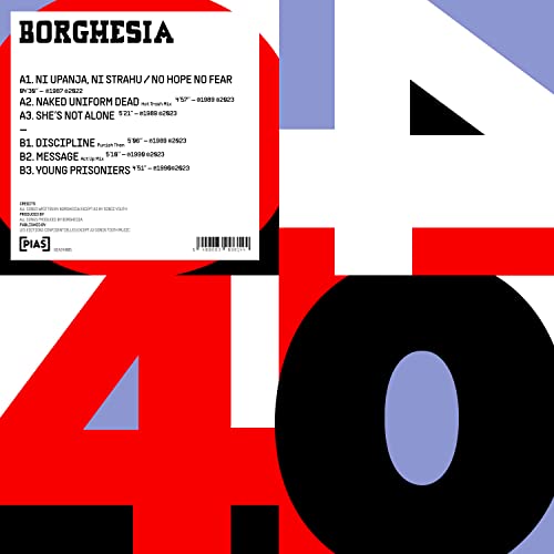Borghesia album cover, geometric design with red, white, and blue elements.