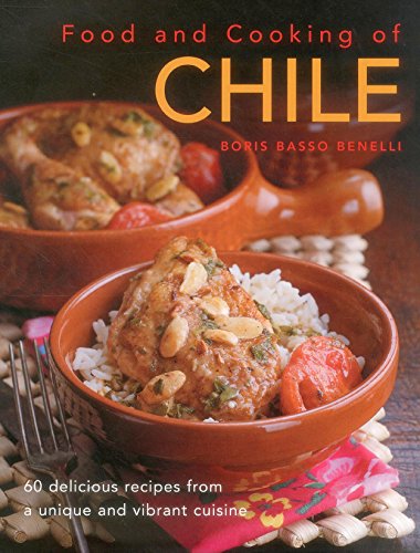 Cookbook cover featuring Chilean food: chicken with rice and a tomato.