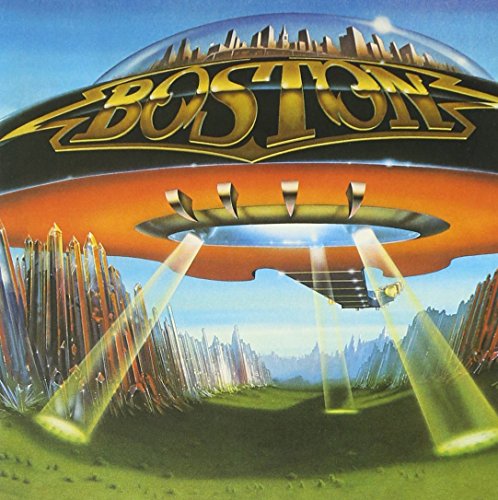 "Album cover art featuring a UFO with 'Boston' written in gold letters."