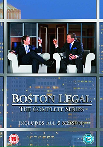 DVD cover for Boston Legal The Complete Series featuring two men drinking on balcony.