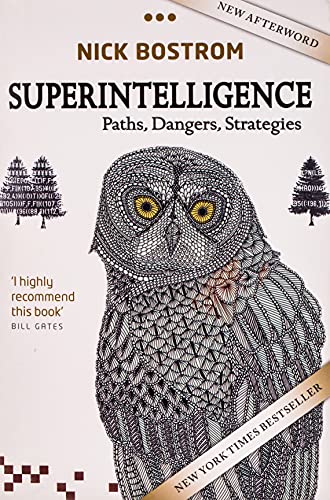Book cover for Superintelligence by Nick Bostrom featuring a detailed black-and-white owl illustration.