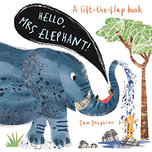 Blue elephant spraying water, with a child and lift-the-flap design.