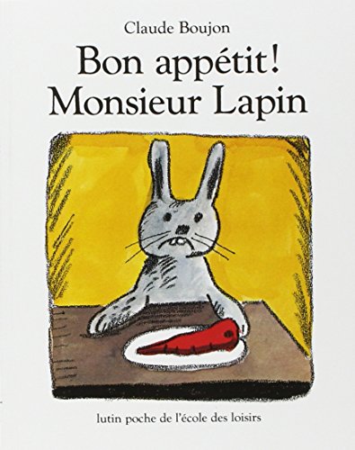 Book cover: rabbit with a carrot on a plate, yellow background.