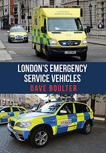 London ambulance and police vehicles on a city street; book cover.