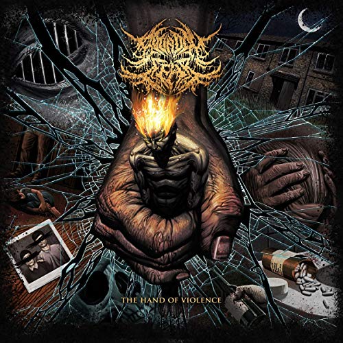 "Album cover art featuring a hand holding a demon surrounded by broken glass."