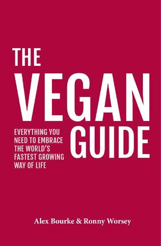 Red book cover with white text: "The Vegan Guide" and author names.