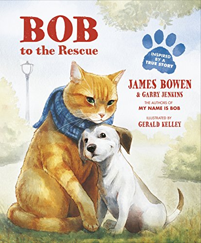 Orange cat with blue scarf nuzzles a small white puppy.