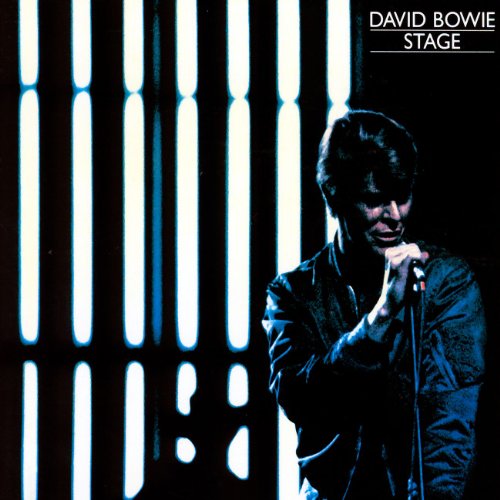 David Bowie album cover, "Stage," featuring a silhouetted figure with vertical lines.