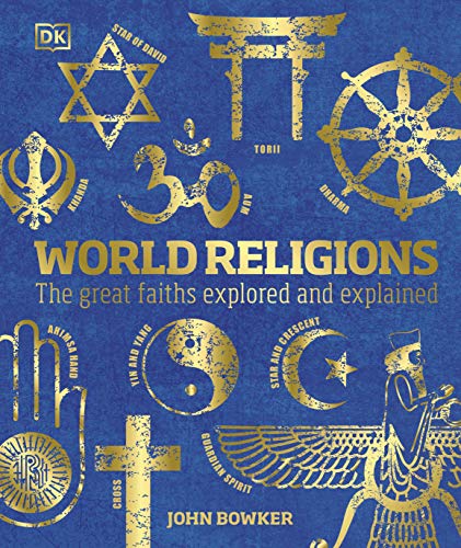 Book cover for "World Religions" featuring golden religious symbols on blue.
