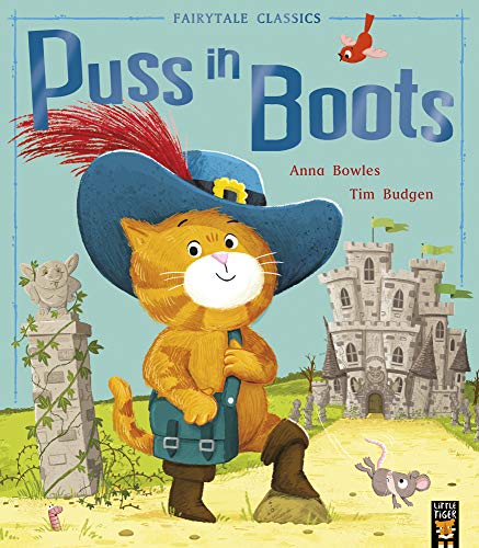 An orange cat wearing a blue hat and boots stands before a castle.