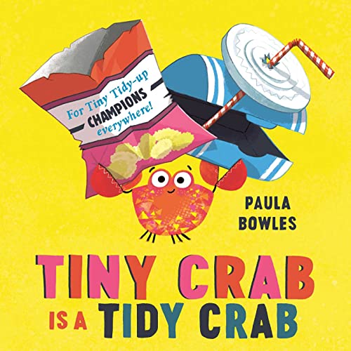 A small orange crab holds a discarded snack bag and drink cup on yellow background.