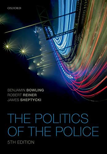 Book cover: "The Politics of the Police," 5th edition, with abstract lights.