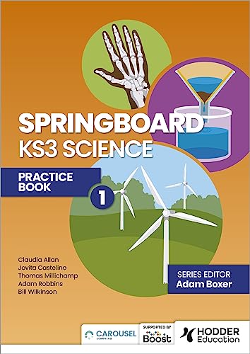 Springboard KS3 Science Practice Book 1 cover featuring illustrations of a hand, filter, and turbines.