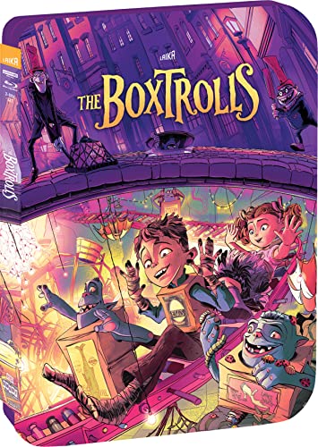 The Boxtrolls" Blu-ray cover featuring characters in a purple, illustrated town.