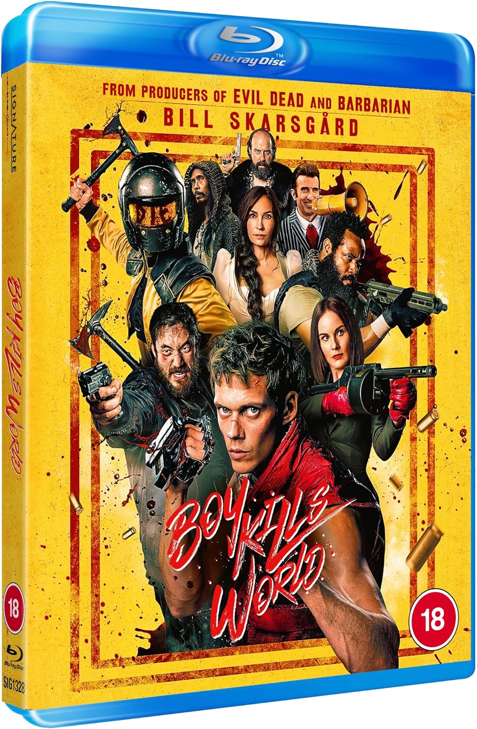 Blu-ray cover art featuring Bill Skarsgård and an ensemble cast with weapons on yellow.